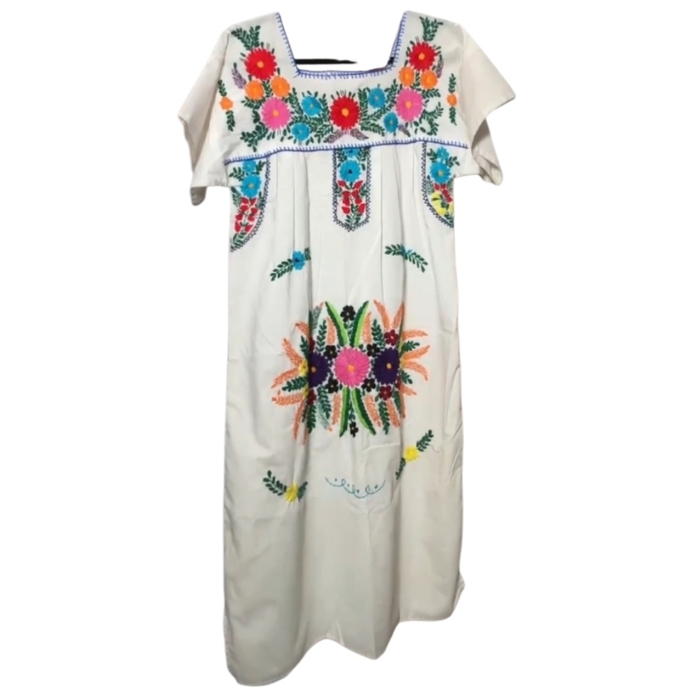VINTAGE COTTON EMBROIDERED MIDI DRESS FLORAL BOHO SIZE S - Picture 5 of 9